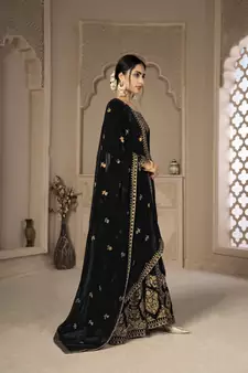 Black Color Front Slit Style Embroidered Faux georgette Anarkali Pants Salwar Suit