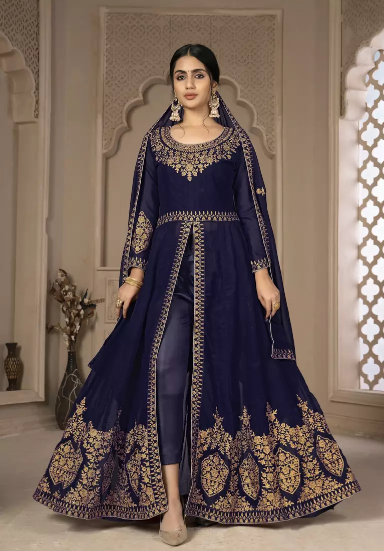 Blue Color Front Slit Style Embroidered Faux georgette Anarkali Pants Salwar Suit