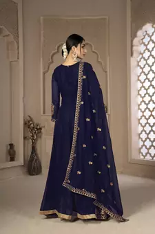 Blue Color Front Slit Style Embroidered Faux georgette Anarkali Pants Salwar Suit