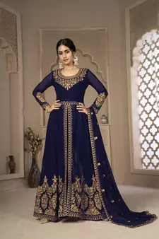 Blue Color Front Slit Style Embroidered Faux georgette Anarkali Pants Salwar Suit