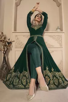 Green Color Front Slit Style Embroidered Faux georgette Anarkali Pants Salwar Suit