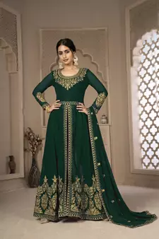 Green Color Front Slit Style Embroidered Faux georgette Anarkali Pants Salwar Suit