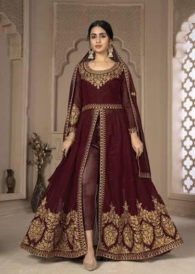 Maroon Color Front Slit Style Embroidered Faux georgette Anarkali Pants Salwar Suit 1