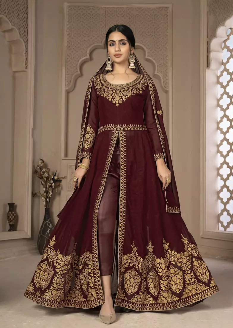 Maroon Color Front Slit Style Embroidered Faux georgette Anarkali Pants Salwar Suit