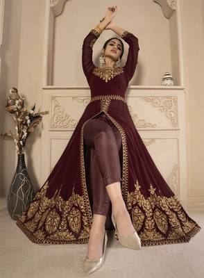 Maroon Color Front Slit Style Embroidered Faux georgette Anarkali Pants Salwar Suit 2