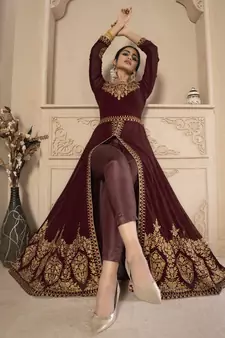 Maroon Color Front Slit Style Embroidered Faux georgette Anarkali Pants Salwar Suit
