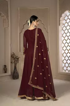 Maroon Color Front Slit Style Embroidered Faux georgette Anarkali Pants Salwar Suit