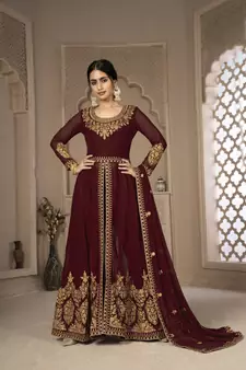 Maroon Color Front Slit Style Embroidered Faux georgette Anarkali Pants Salwar Suit