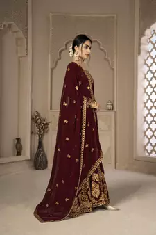 Maroon Color Front Slit Style Embroidered Faux georgette Anarkali Pants Salwar Suit