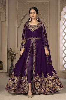 Purple Color Front Slit Style Embroidered Faux georgette Anarkali Pants Salwar Suit