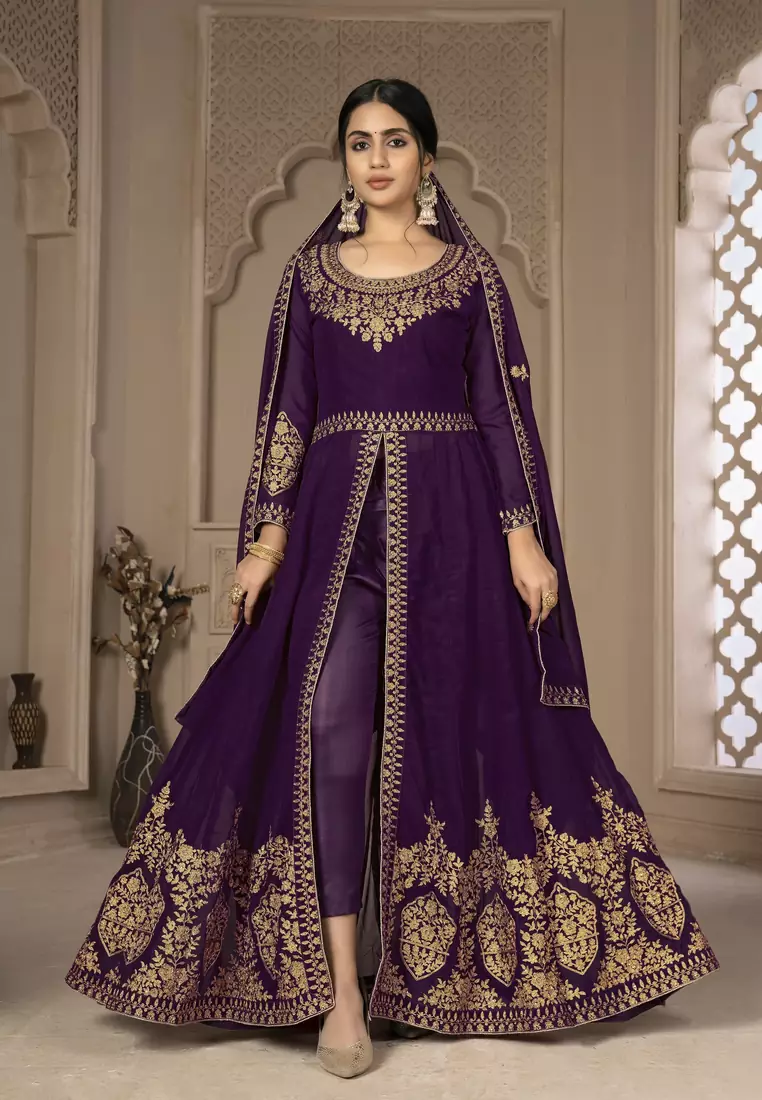 Purple Color Front Slit Style Embroidered Faux georgette Anarkali Pants Salwar Suit