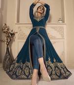 Turquoise Color Front Slit Style Embroidered Faux georgette Anarkali Pants Salwar Suit
