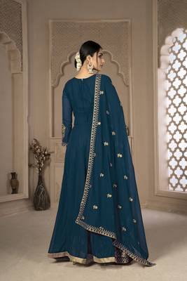 Turquoise Color Front Slit Style Embroidered Faux georgette Anarkali Pants Salwar Suit 2