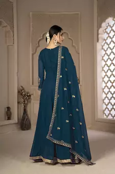 Turquoise Color Front Slit Style Embroidered Faux georgette Anarkali Pants Salwar Suit