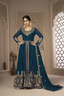 Turquoise Color Front Slit Style Embroidered Faux georgette Anarkali Pants Salwar Suit