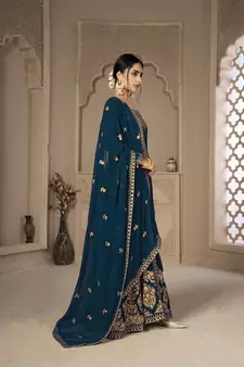 Turquoise Color Front Slit Style Embroidered Faux georgette Anarkali Pants Salwar Suit