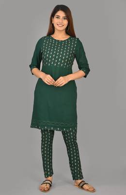 Aurish Green Print with Solid Kurta and Pant Set  1