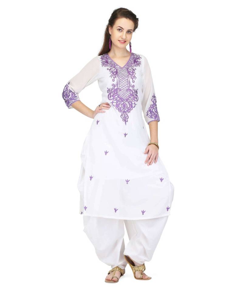 White Georgette stitched     embroidered   Kurti