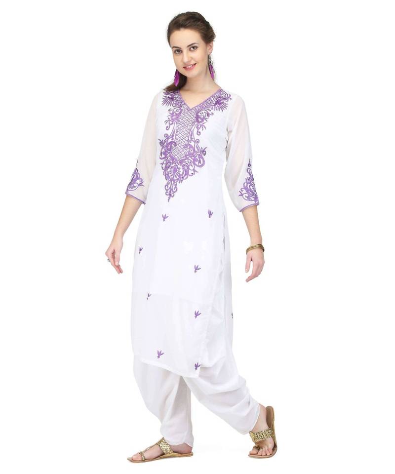 White Georgette stitched     embroidered   Kurti