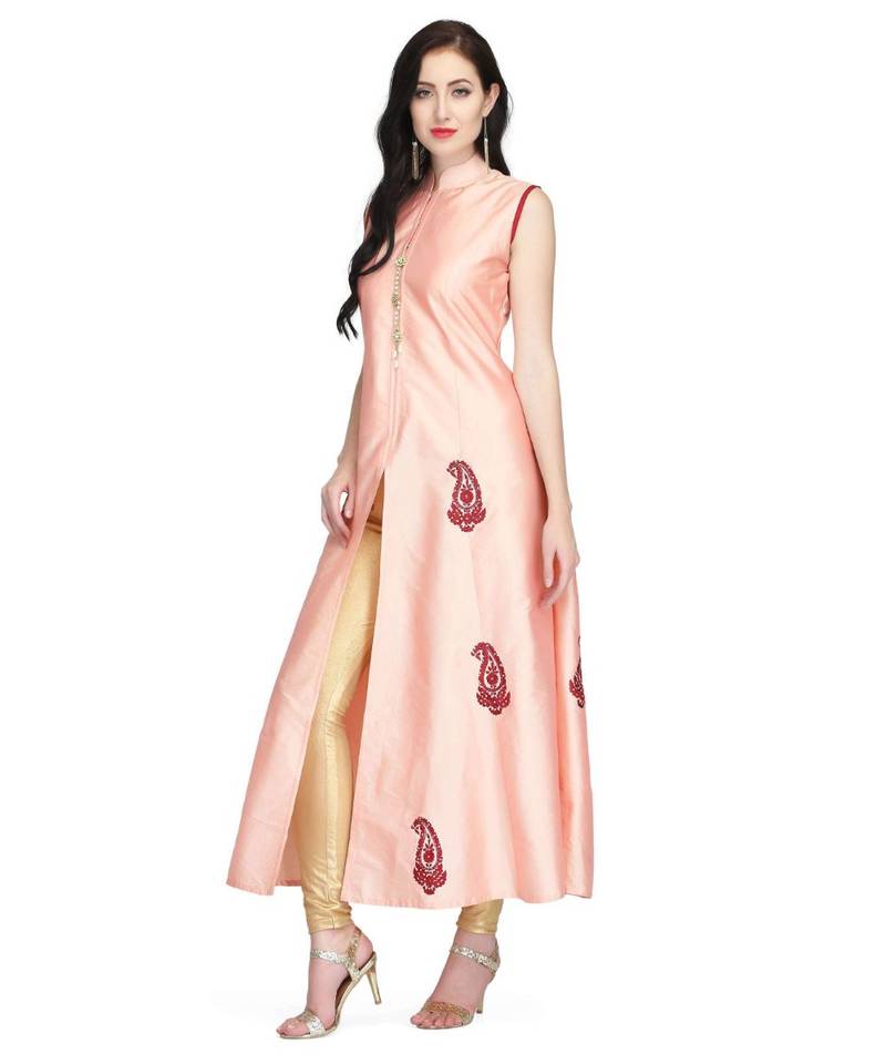 Peach Taffeta stitched     embroidered   Kurti
