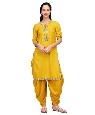 Mustard Yellow Rayon stitched     embroidered   Kurti 1