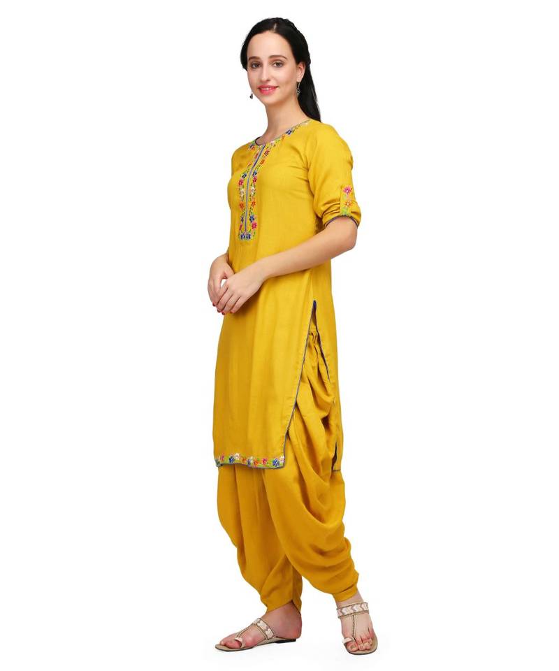 Mustard Yellow Rayon stitched     embroidered   Kurti