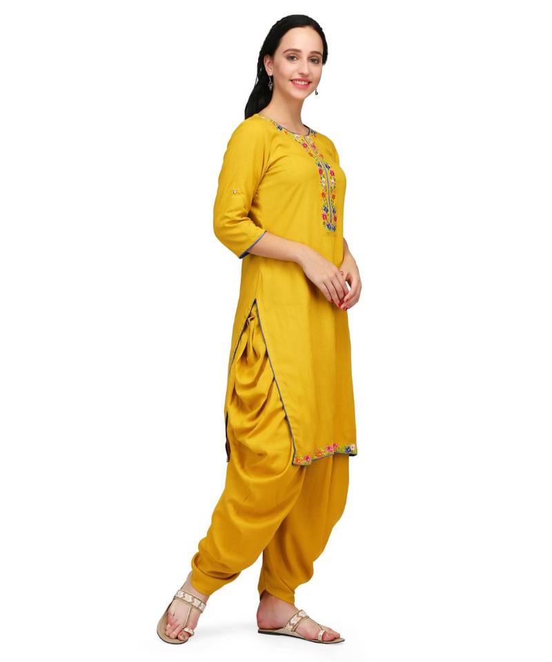 Mustard Yellow Rayon stitched     embroidered   Kurti