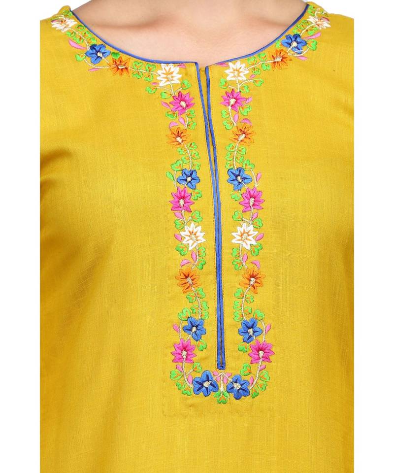 Mustard Yellow Rayon stitched     embroidered   Kurti