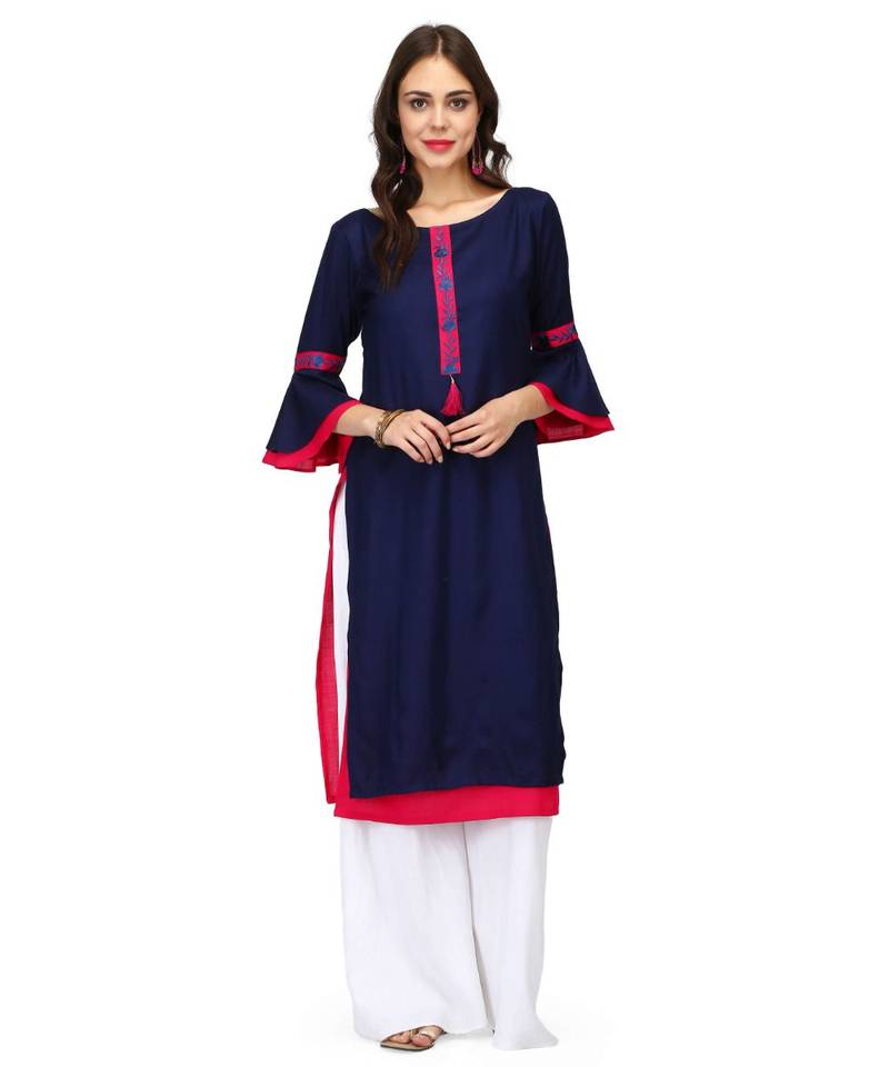 Fuchsia & Blue Rayon stitched     embroidered   Kurti