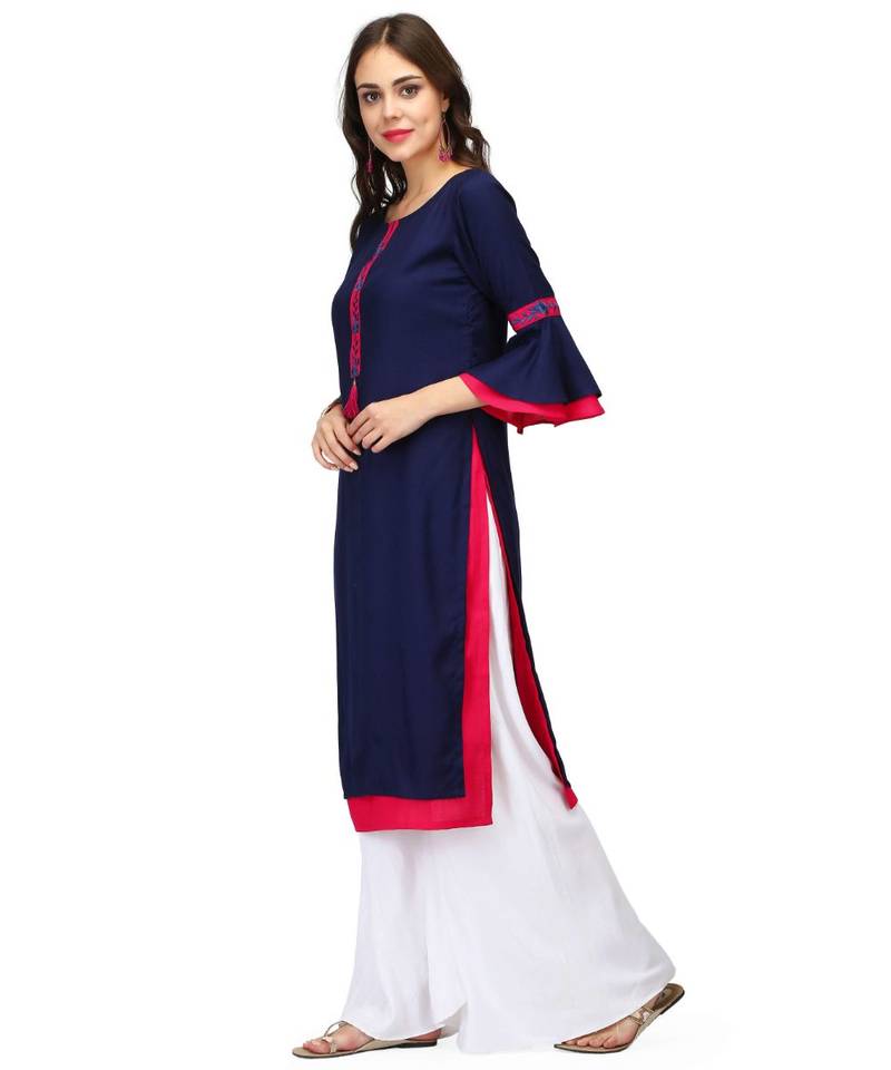 Fuchsia & Blue Rayon stitched     embroidered   Kurti