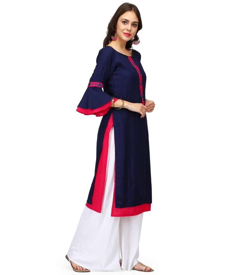 Fuchsia & Blue Rayon stitched     embroidered   Kurti