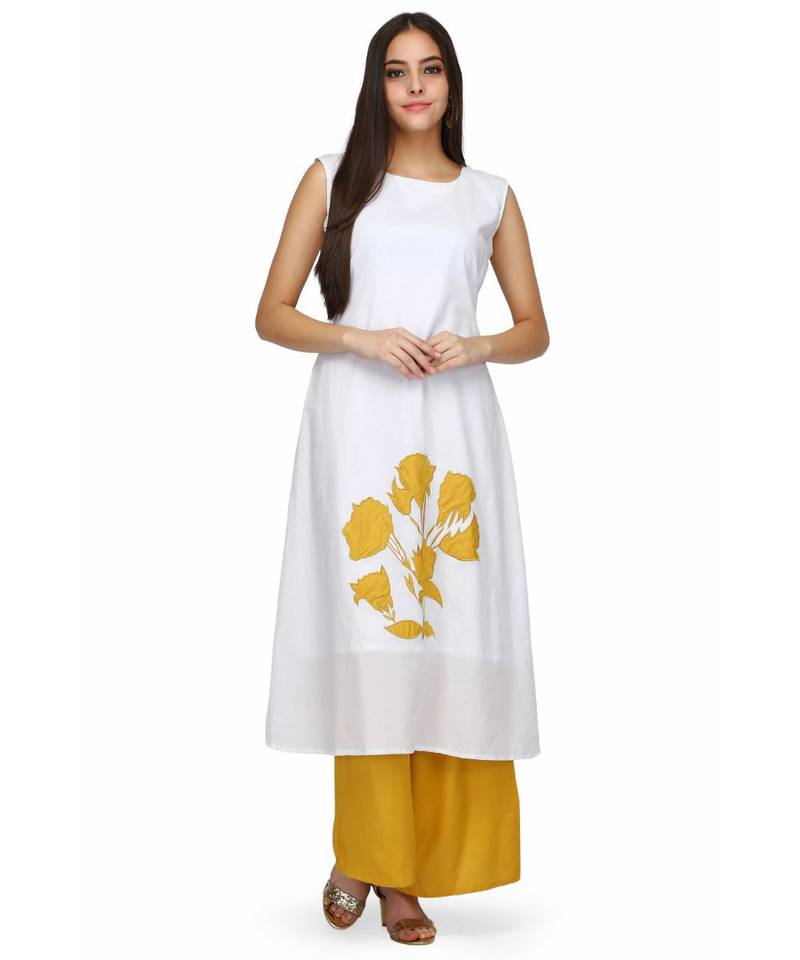 White and Mustered Yellow Rayon stitched     printed  Kurti