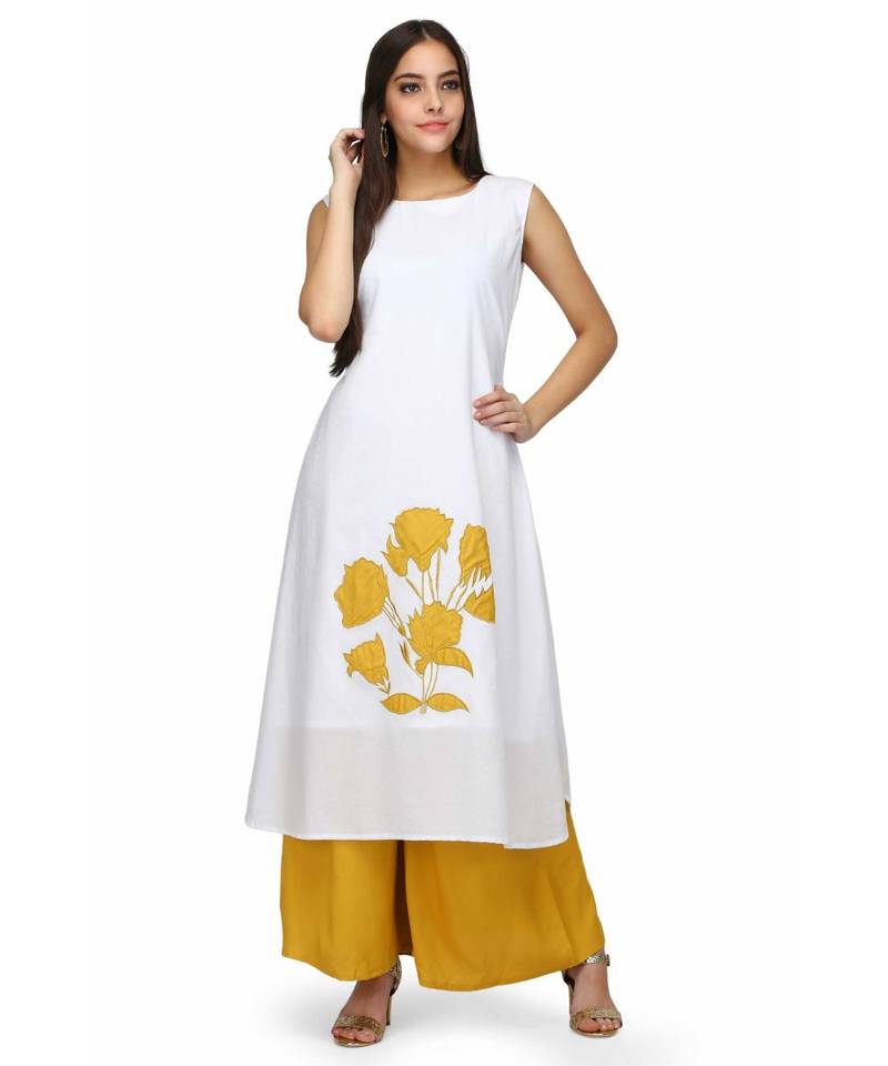 White and Mustered Yellow Rayon stitched     printed  Kurti