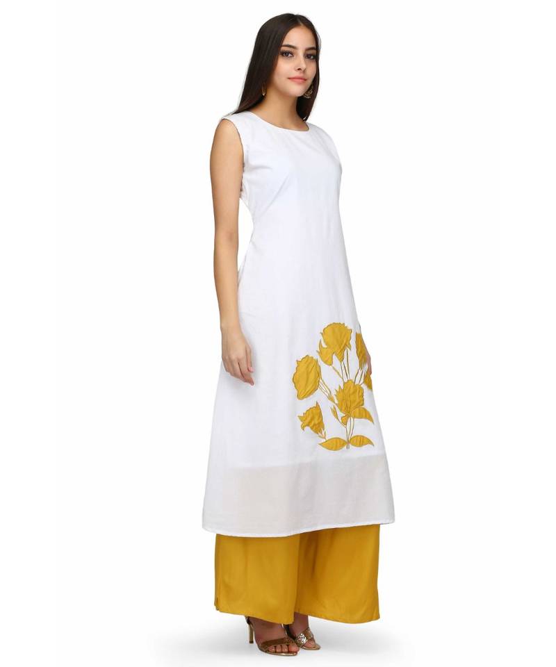 White and Mustered Yellow Rayon stitched     printed  Kurti