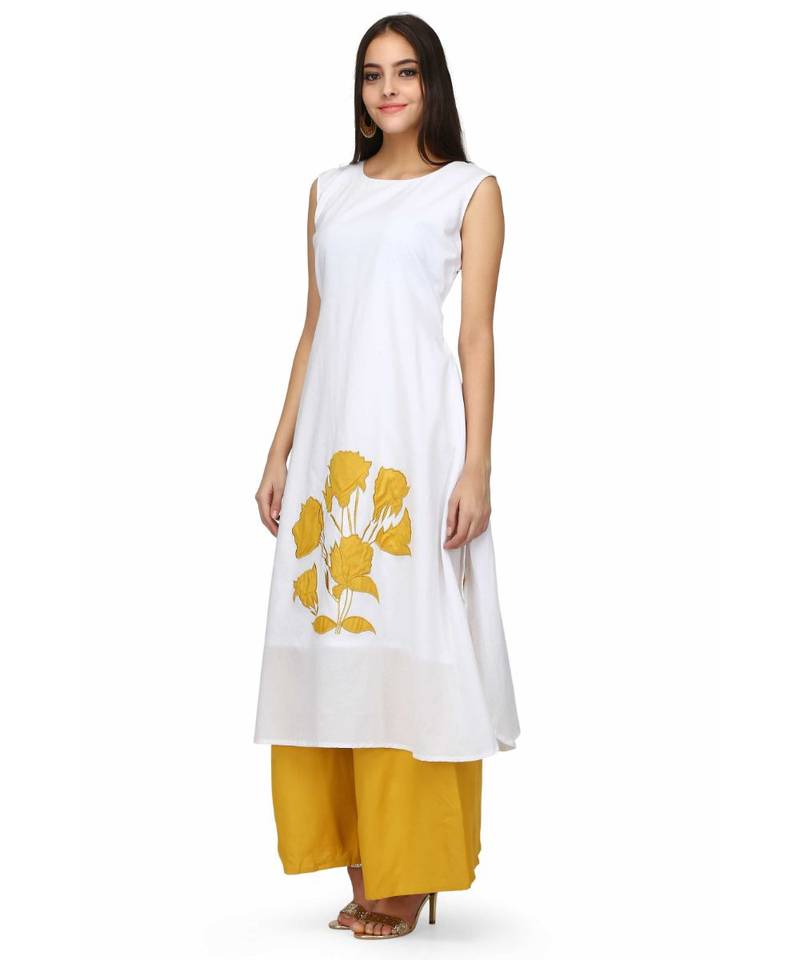 White and Mustered Yellow Rayon stitched     printed  Kurti