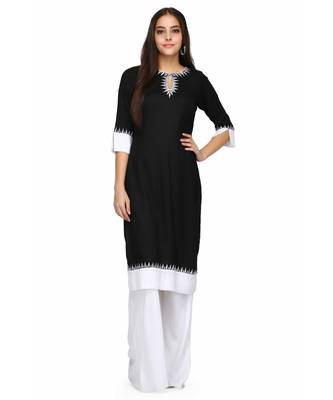 Black with white Rayon stitched     embroidered   Kurti 1