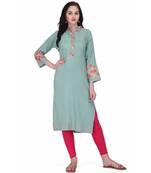 Green Cotton stitched     embroidered   Kurti
