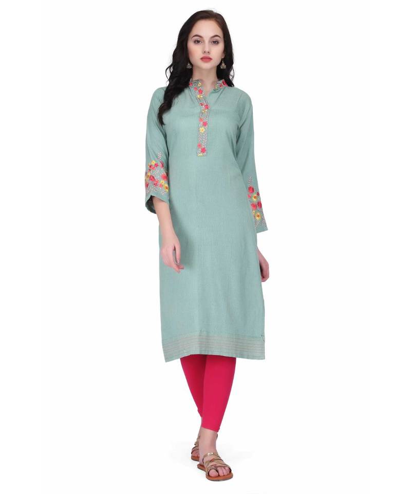 Green Cotton stitched     embroidered   Kurti