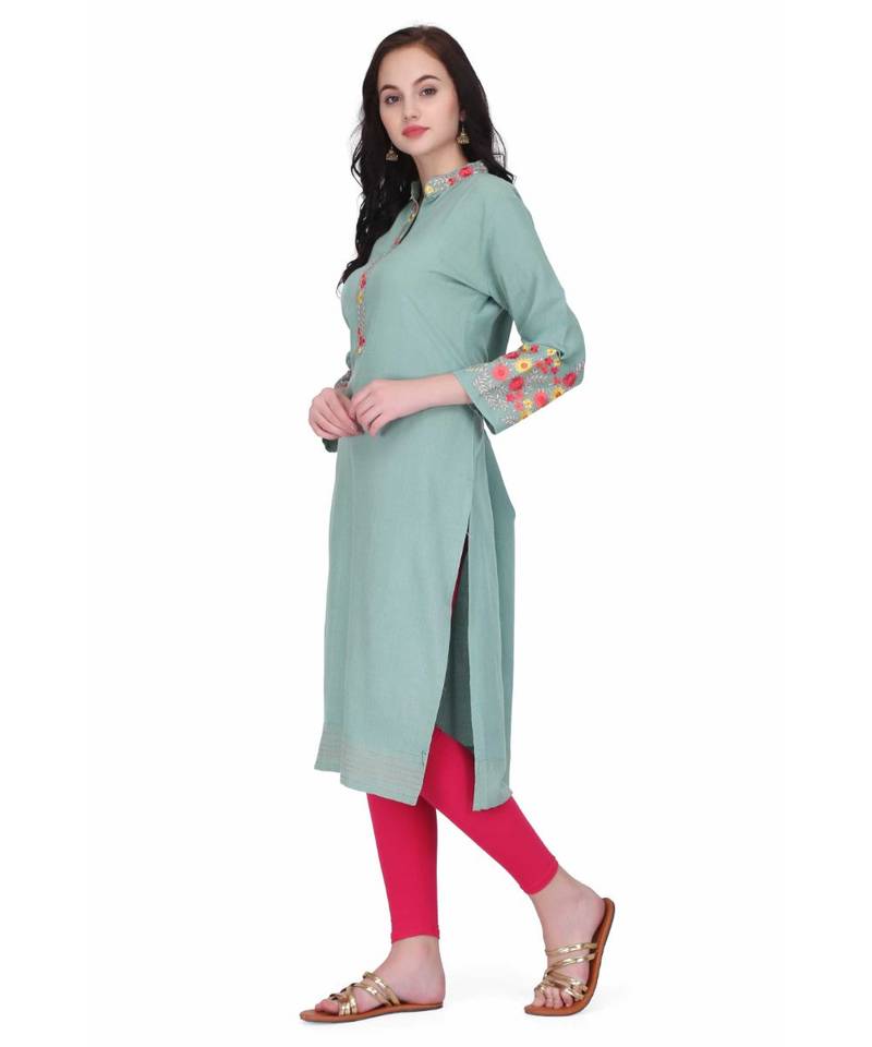 Green Cotton stitched     embroidered   Kurti
