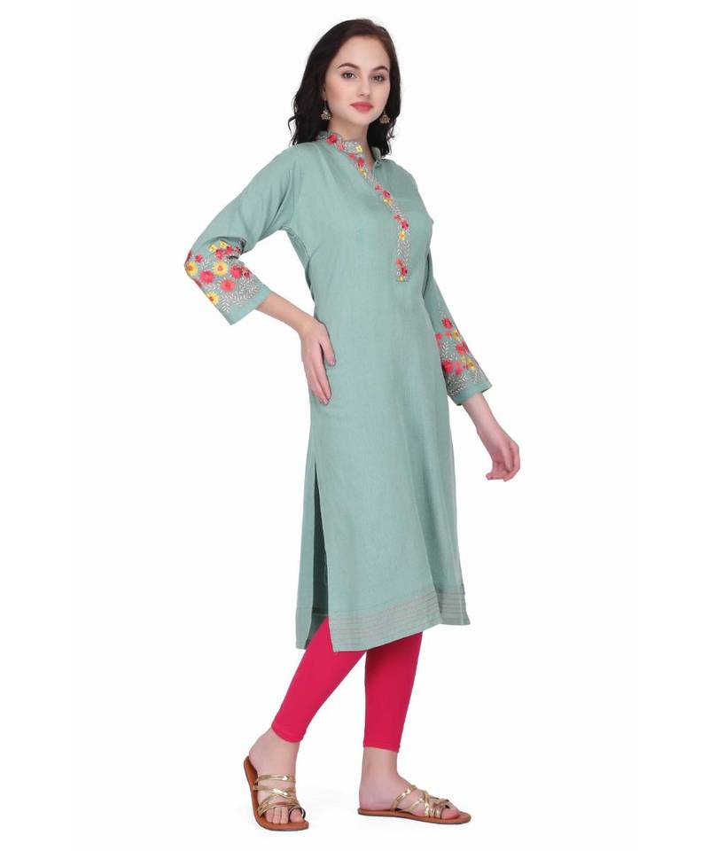 Green Cotton stitched     embroidered   Kurti
