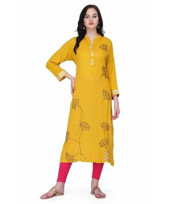Yellow Rayon stitched     printed  Kurti 1