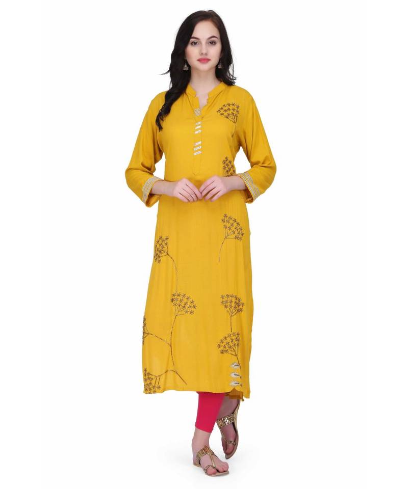 Yellow Rayon stitched     printed  Kurti
