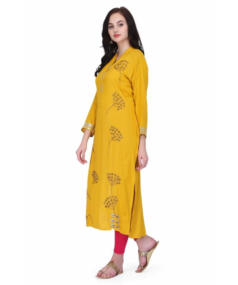 Yellow Rayon stitched     printed  Kurti