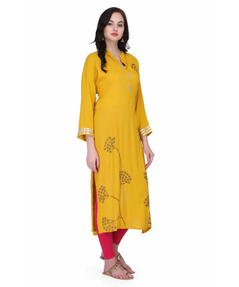 Yellow Rayon stitched     printed  Kurti