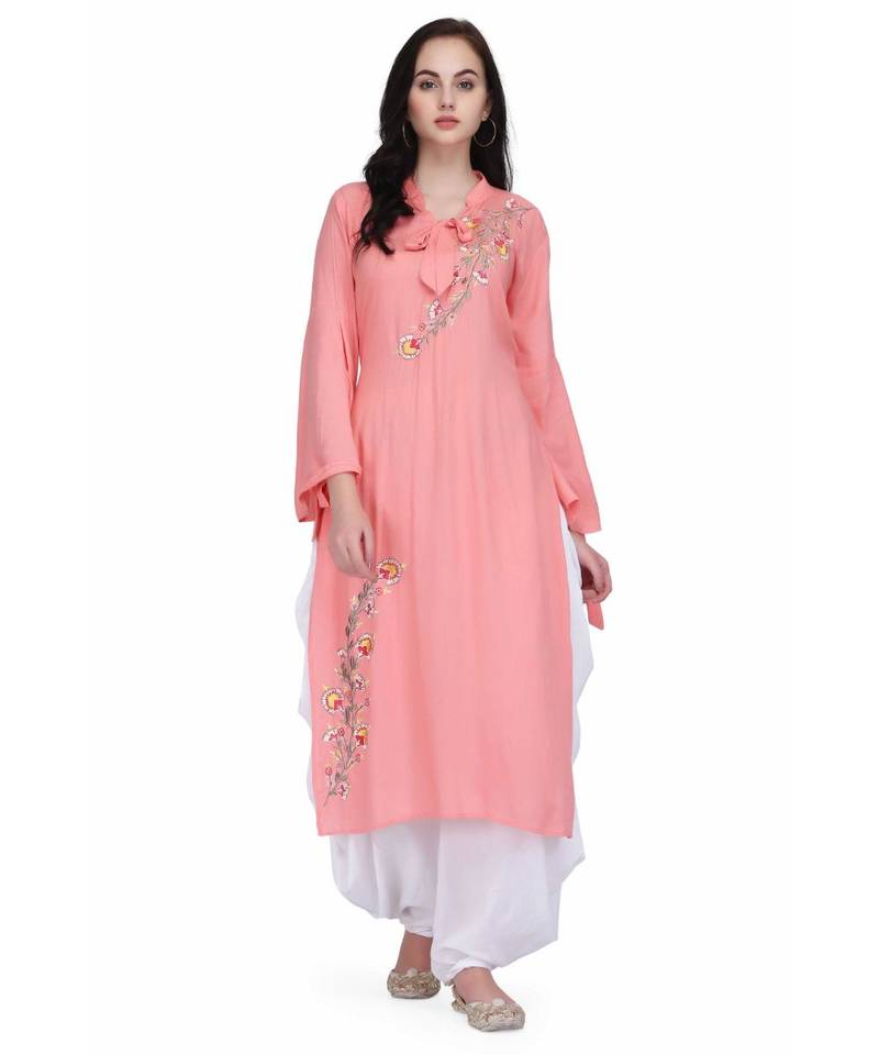 Pink Rayon stitched     embroidered   Kurti