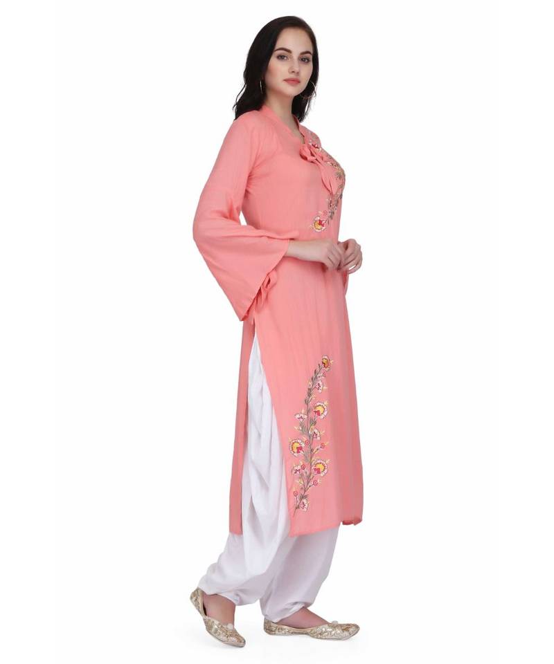 Pink Rayon stitched     embroidered   Kurti
