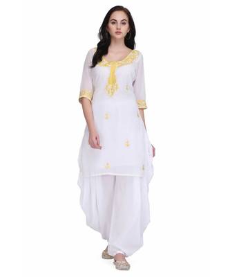 White Georgette stitched     embroidered   Kurti 1