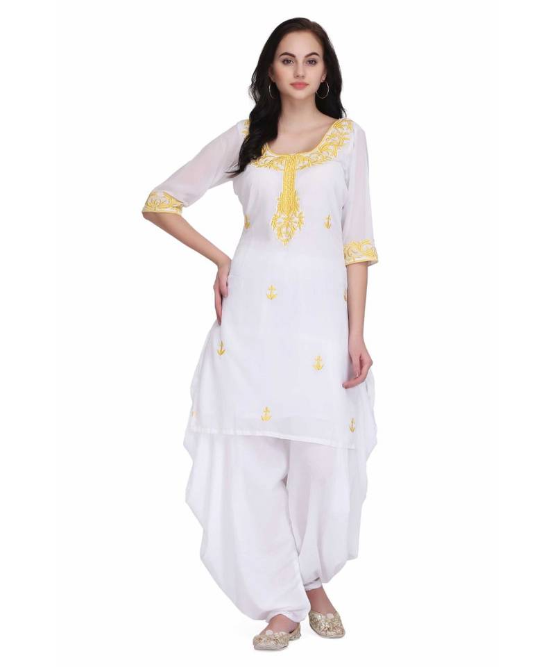 White Georgette stitched     embroidered   Kurti
