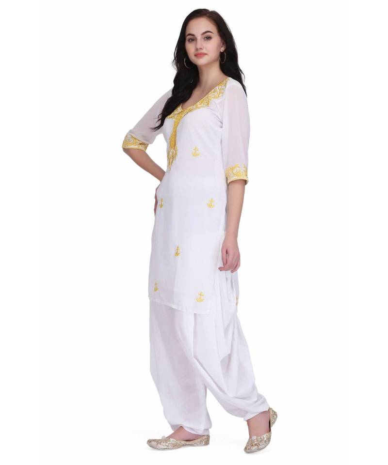 White Georgette stitched     embroidered   Kurti