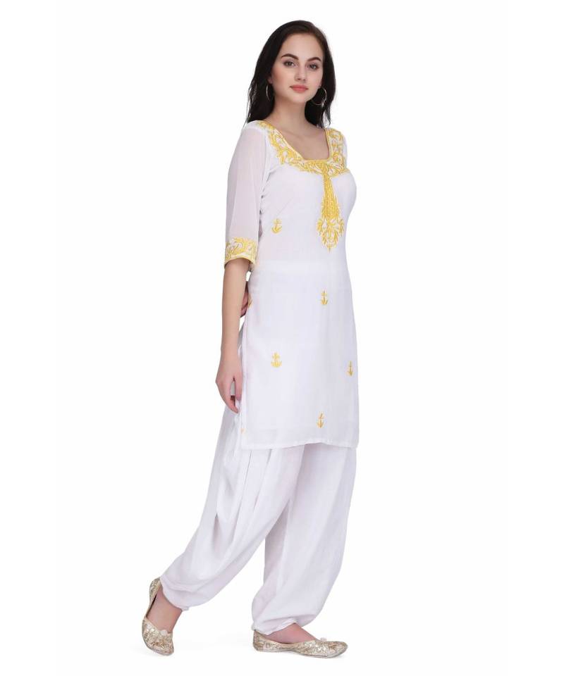 White Georgette stitched     embroidered   Kurti